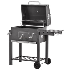 Outsunny Charcoal Grill BBQ Trolley with Adjustable Charcoal Grate, Garden Metal Smoker Barbecue with Shelf, Side Table, Wheels, Built-in Thermometer, Bottle Opener