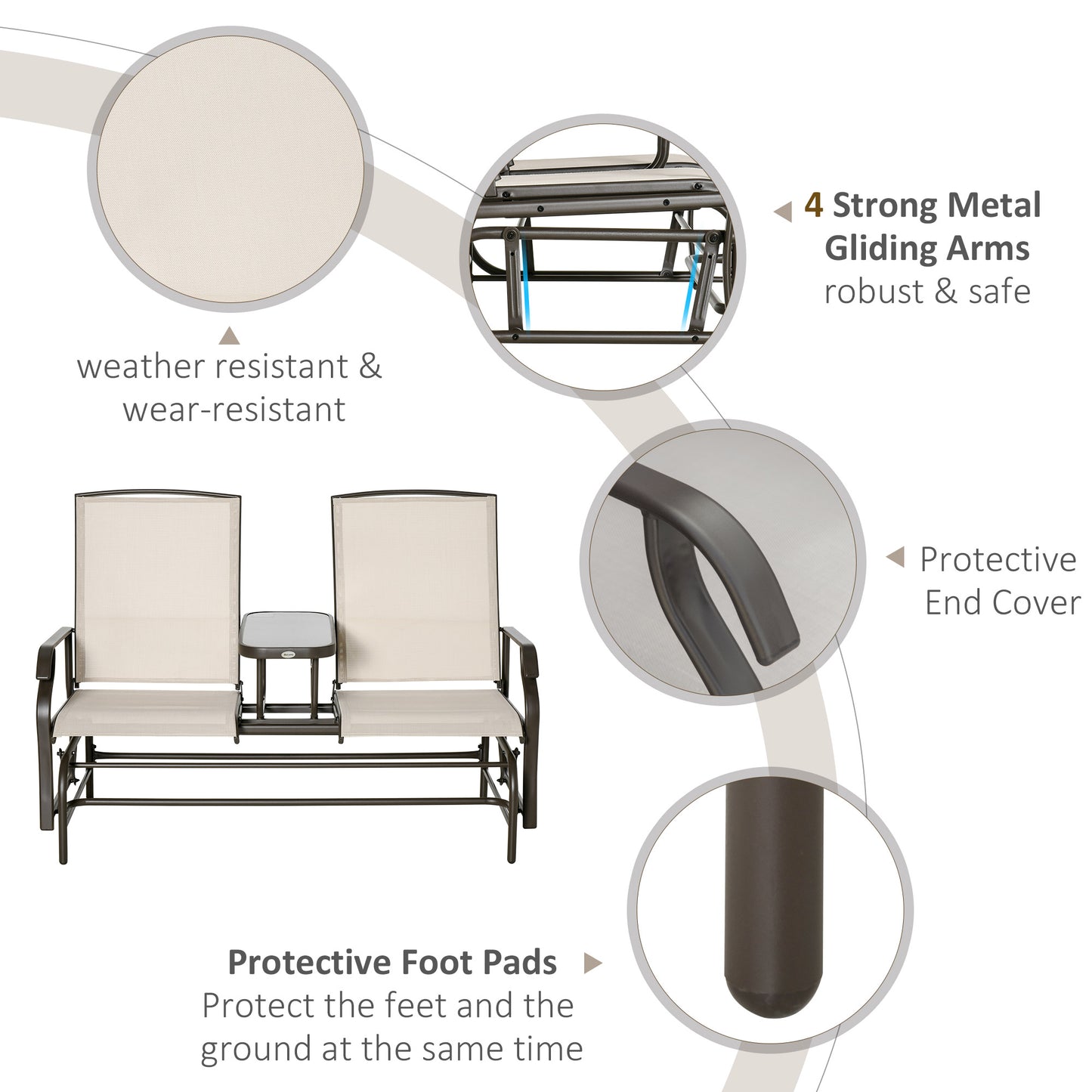 Outsunny 2 Seats Garden Glider Bench, Metal Frame Loveseat with Glass Top Centre Table, Porch Rocking Glider for 2 Person, for Deck, Patio, Brown/ Khaki