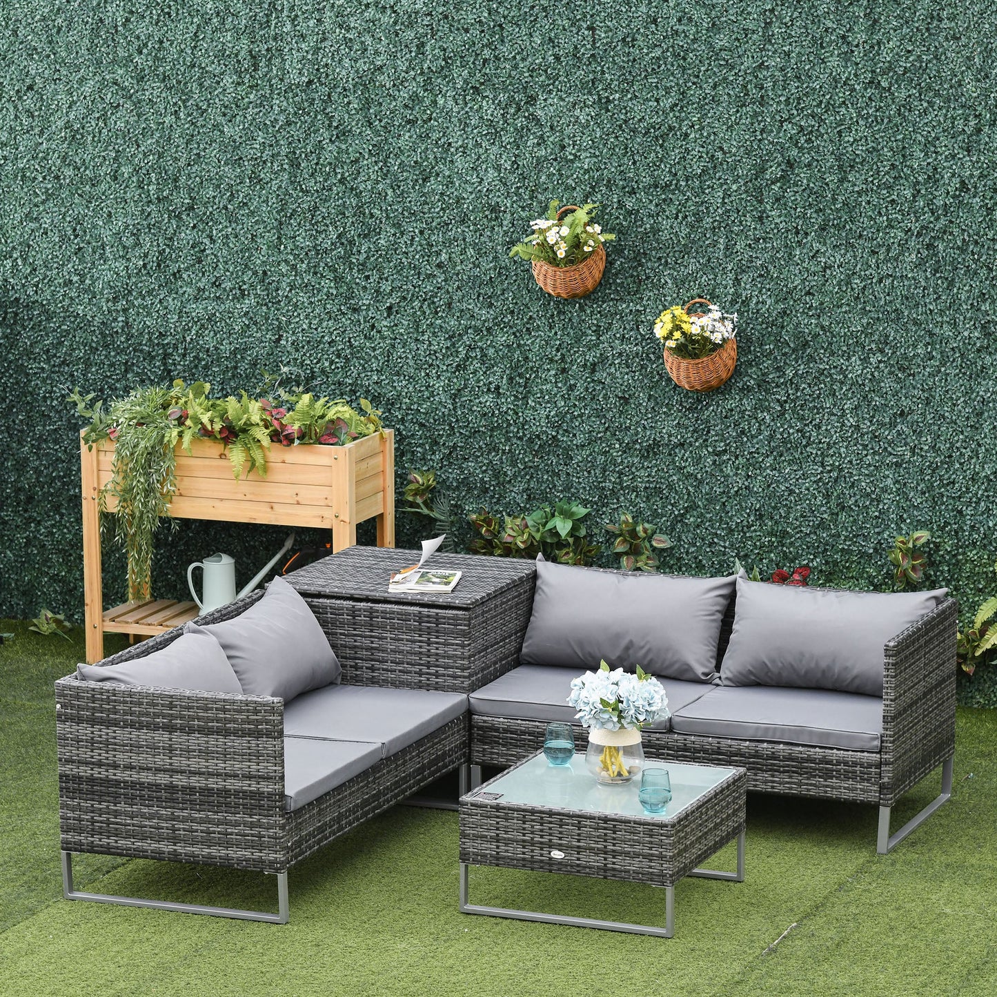 Outsunny 4 PCs Garden Rattan Wicker Outdoor Furniture Patio Corner Sofa Love Seat and Table Set with Cushions Side Desk Storage - Mixed Grey