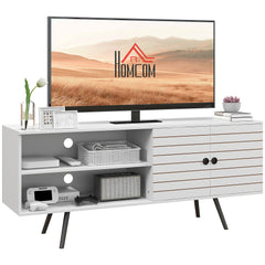 HOMCOM TV Stand with Cupboard, Open Shelves, Striped Doors, Wooden legs, White