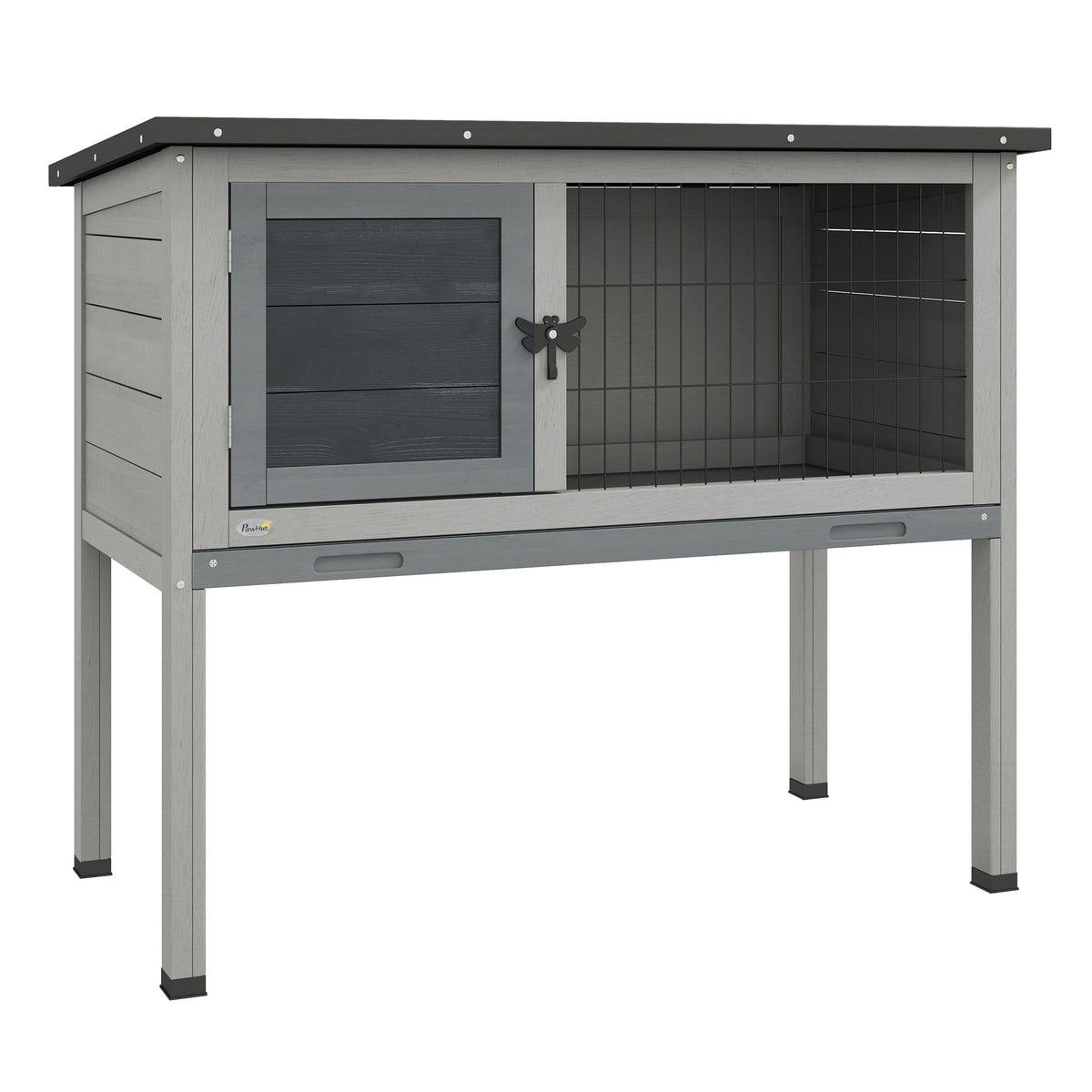 PawHut Wooden Guinea Pig Hutch, Small Animal Cage with Slide-out Tray, Openable Asphalt Roof, 84 x 43 x 70cm, Grey