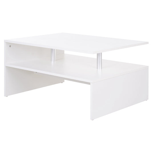 HOMCOM Coffee Table with Storage, 2-Tier Centre Table, Modern Living Room Table with Open Shelf and Aluminium Poles, White