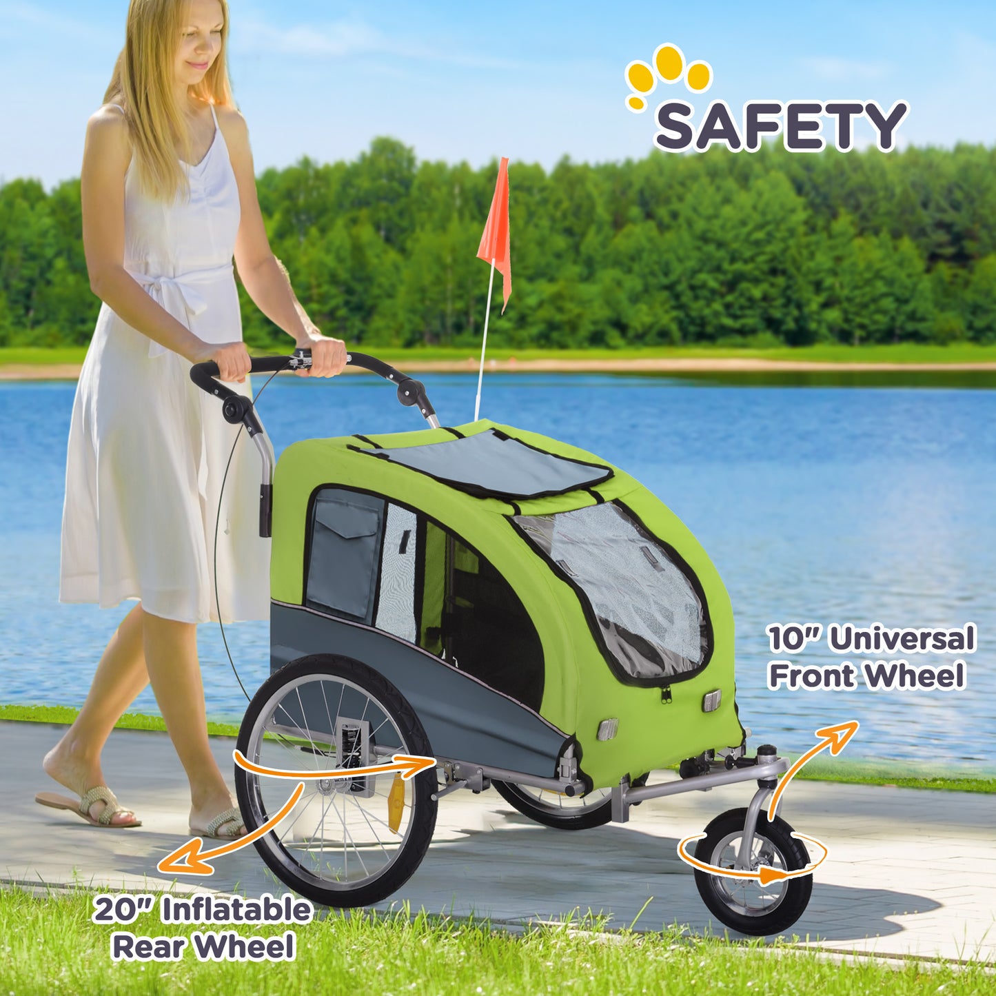 PawHut Dog Bike Trailer Pet Stroller Cart Carrier for Bicycle 360√Ç¬∞ Rotatable with Reflectors 3 Wheels Hitch Coupler Push/ Pull/ Brake Water Resistant Green