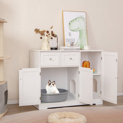 Hidden Cat Washroom Side Cabinet Wooden Pet House with 2 Drawers-White