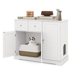 Hidden Cat Washroom Side Cabinet Wooden Pet House with 2 Drawers-White