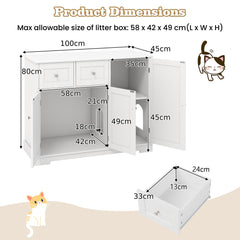 Hidden Cat Washroom Side Cabinet Wooden Pet House with 2 Drawers-White