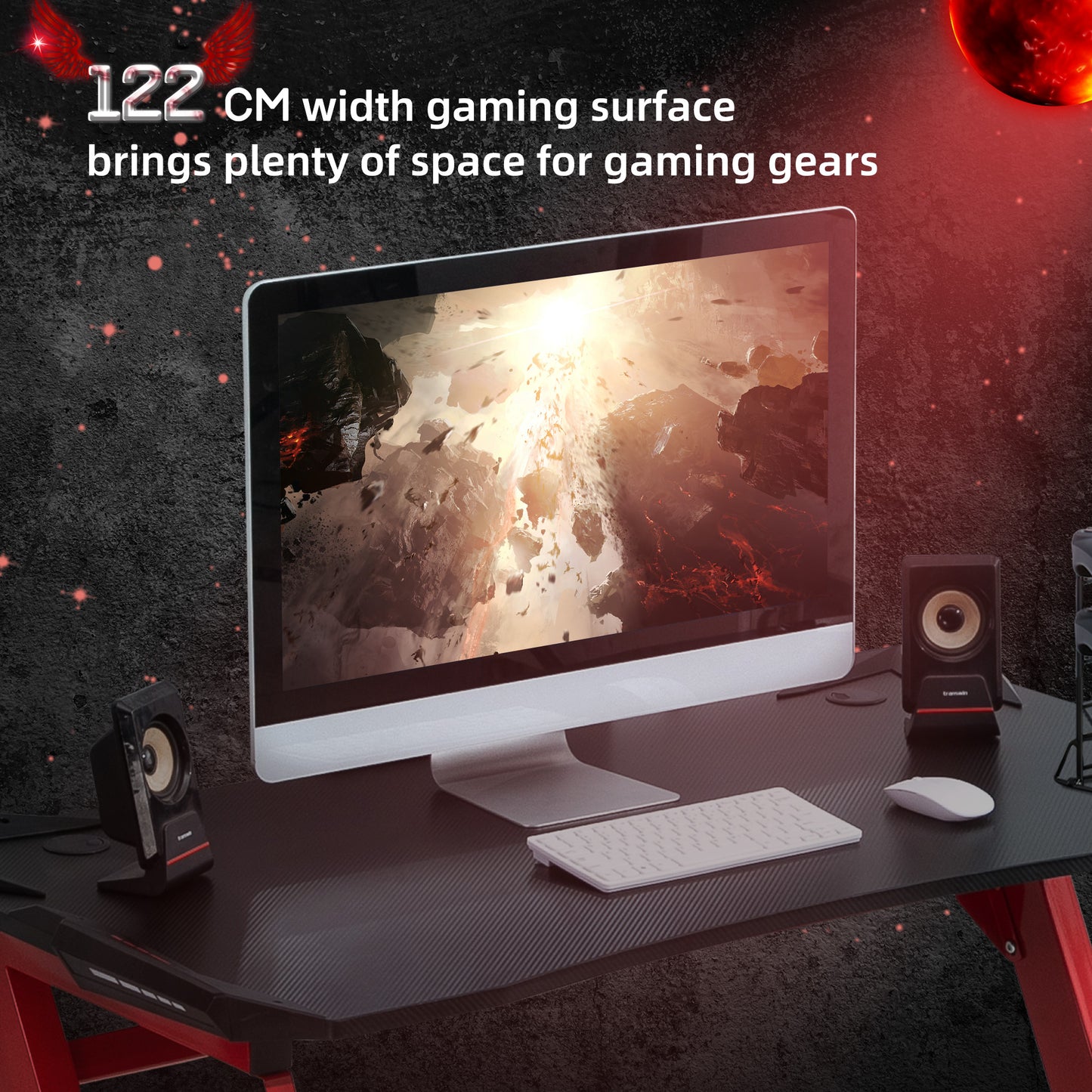 HOMCOM 122 x 66 cm Gaming Desk, Carbon Fibre Covered Computer Desk, Gamer Workstation with Headphone Hook, Cup Holder and Gamepad Storage Rack, Black and Red