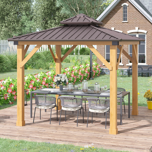 Outsunny 3x(3)M Outdoor Hardtop Gazebo Canopy with 2-Tier Roof and Solid Wood Frame, Outdoor Patio Shelter for Patio, Garden, Brown