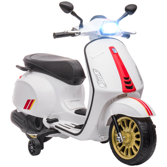 AIYAPLAY 12V Vespa Licensed Kids Electric Motorbike w/ Music, Headlights, FM Radio, for 3-6 Years - White