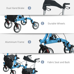 HOMCOM 4 Wheel Rollator with Seat and Back, Lightweight Folding Mobility Walker with Large Wheels, Carry Bag, Adjustable Height, Aluminium Walking Frame with Dual Brakes for Seniors, Blue