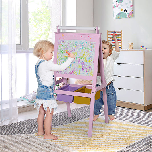 HOMCOM Kids Easel 3 in 1 Wooden Art Easel with Paper Roll Double-Sided Chalkboard & Whiteboard with Storage Baskets for Toddler Girls, Pink