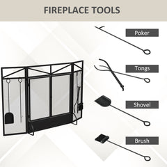 HOMCOM 3 Panel Folding Fire Guard Screen with Fireplace Tool Sets and Front Doors, Freestanding Fire Screen Spark Guard with Feet for Open Fire, Log Burner, Fireplace, 122 x77 cm, Black