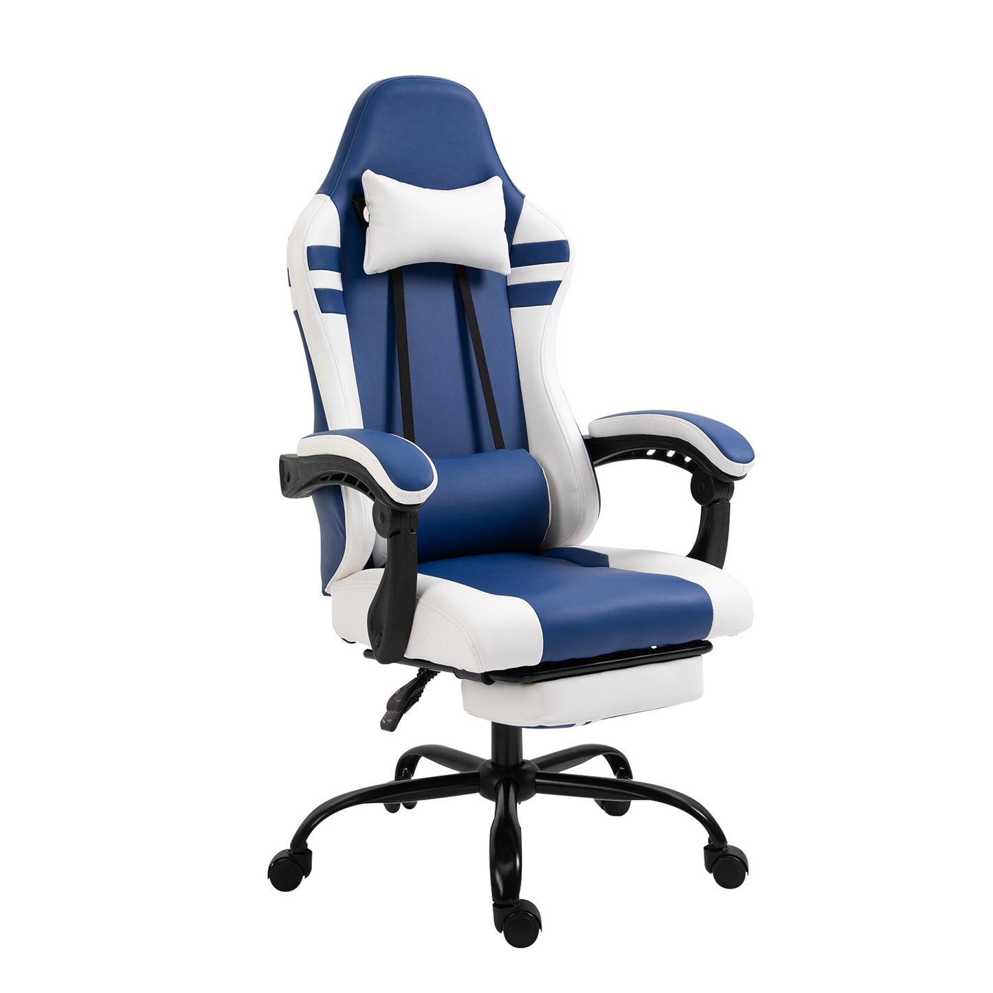 Vinsetto PU Leather Gaming Chair with Headrest, Footrest, Wheels, Adjustable Height, Racing Gamer Chair, Blue White