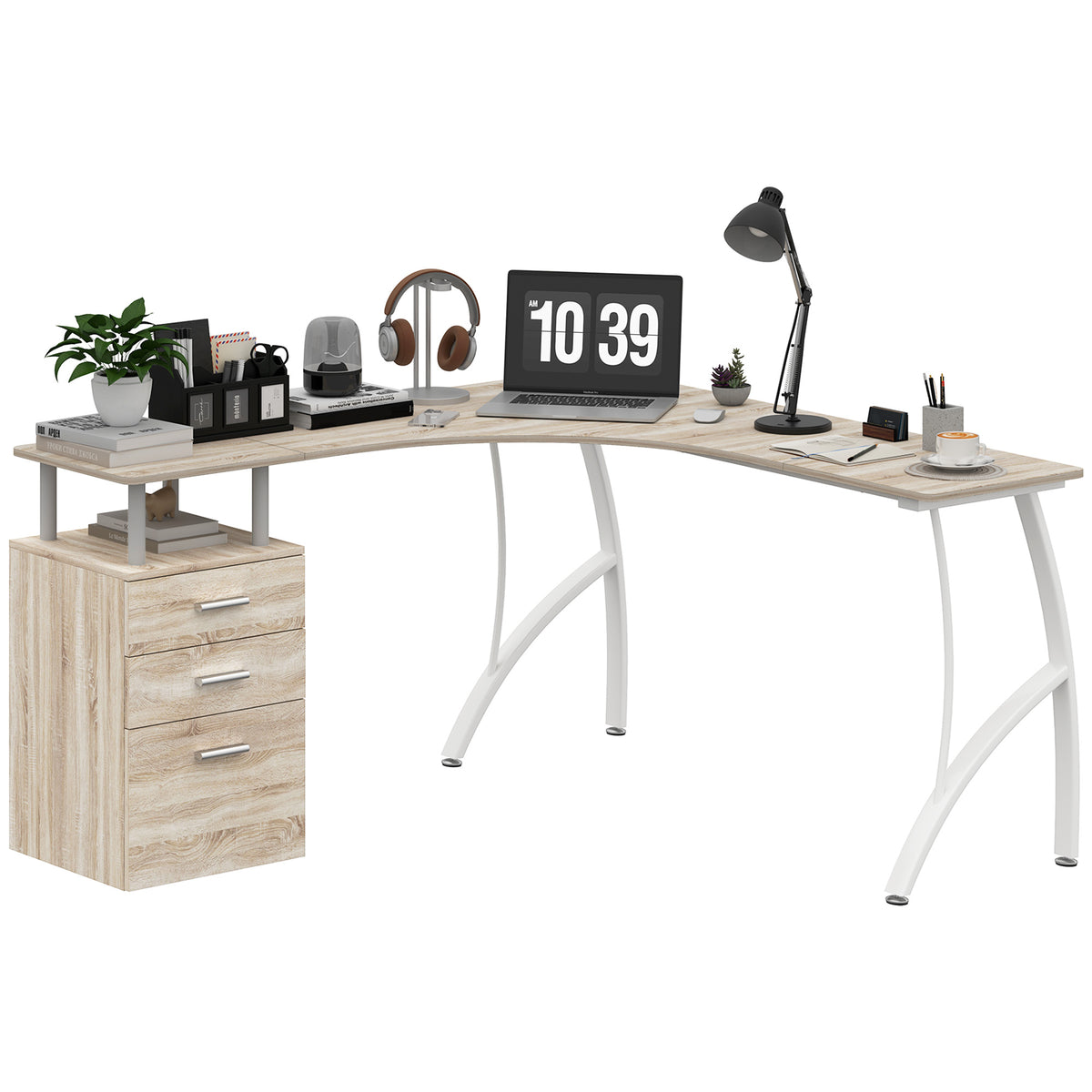 HOMCOM L-Shaped Computer Desk Table with Storage Drawer, Home Office Desk Corner Industrial Style Workstation for A4 Files 143.5 x 143.5 x 76cm, Oak