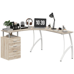 HOMCOM L-Shaped Computer Desk Table with Storage Drawer, Home Office Desk Corner Industrial Style Workstation for A4 Files 143.5 x 143.5 x 76cm, Oak