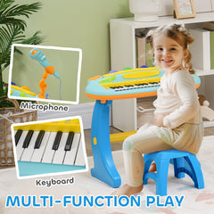 AIYAPLAY 37-Key Kids Piano w/ Microphone, Stool, LED Lights, Record & Replay, Function, Blue