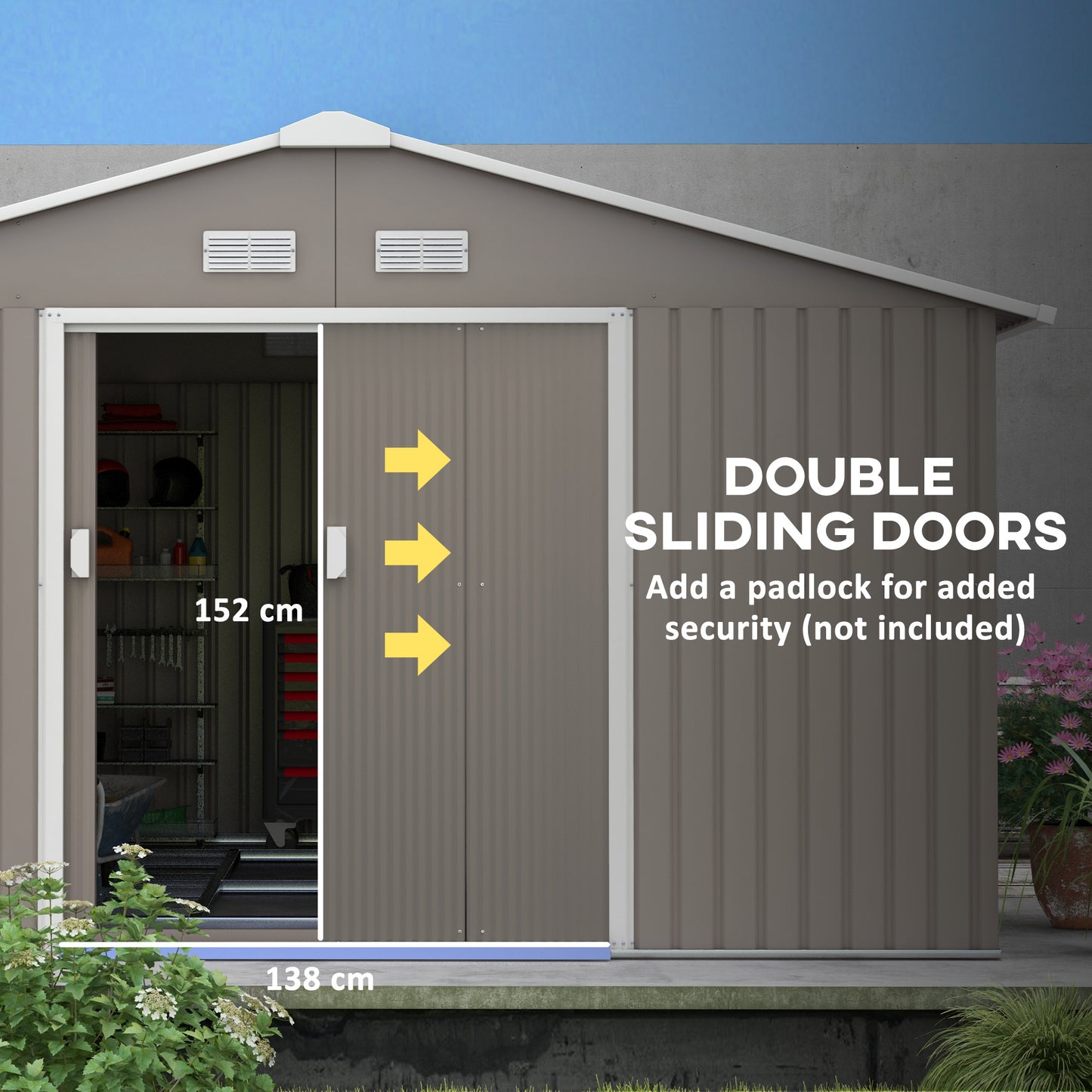 Outsunny 13 x 11ft Large Garden Shed, Mental Garden Storage Shed with Foundation Kit Ventilation & Doors, Light Grey