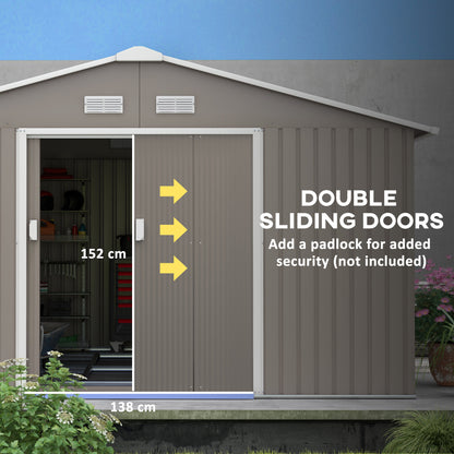 Outsunny 13 x 11ft Large Garden Shed, Mental Garden Storage Shed with Foundation Kit Ventilation & Doors, Light Grey
