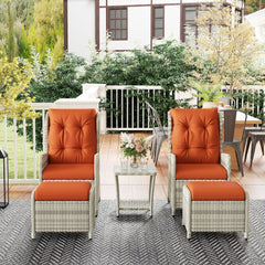 Outsunny 5 Pieces Rattan Bistro Set with Adjustable Back, Reclining Wicker Balcony Furniture with Cushions, Glass Top Coffee Table and Footstools, Outdoor Table and Chairs, Orange