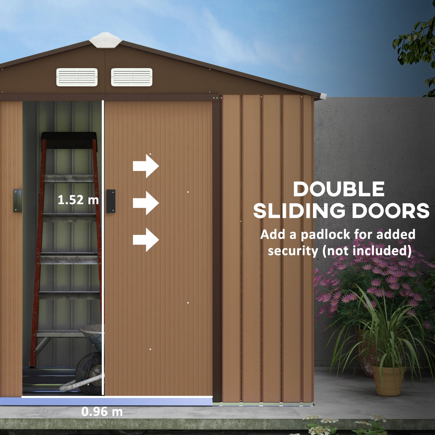 Outsunny 7 x 4ft Lockable Metal Garden Tool Storage Shed, Outdoor Storage Shed with Foundation and vents, Light Brown