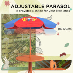 Outsunny Kids Picnic Table and Chair Set, Cowboy Themed Outdoor Garden Furniture w/ Foldable Chairs, Adjustable Parasol