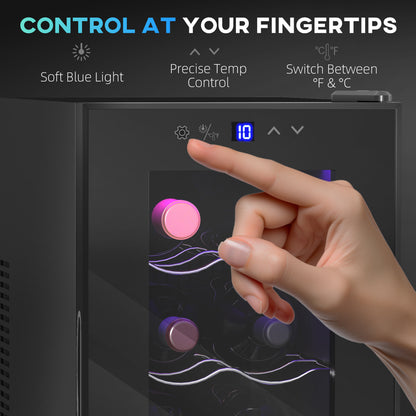 HOMCOM Mini Table Top Wine Fridge, 8 Bottle, 17L, 8-18√¢‚Äû∆í, 26.5cm Quiet Under Counter Wine Cooler Fridge with Glass Door, LED Light, Digital Touch Screen, Temperature Control