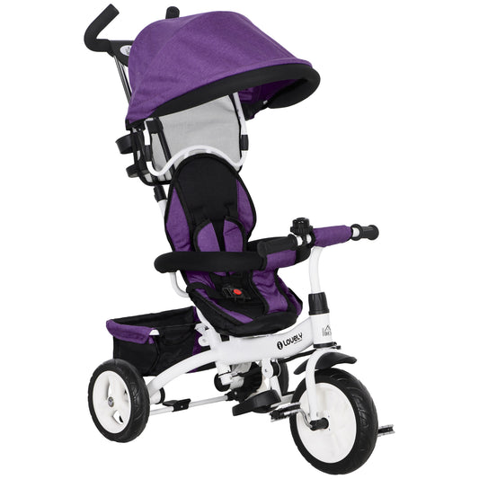 HOMCOM 6 in 1 Kids Trike Push Bike w/ Push Handle, Canopy, 5-point Safety Belt, Storage, Footrest, Brake, for 1-5 Years, Purple