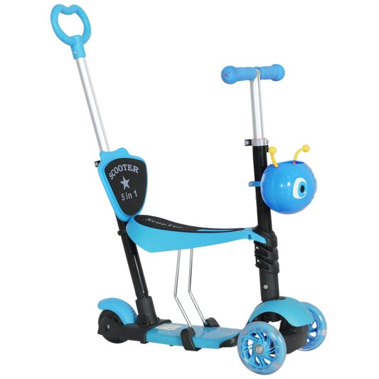 HOMCOM 5 in1 Kids Scooter 3 Wheel Toddler scooter Kick Scooter with Adjustable Handlebar, Removable Seat & Back Rest for 18 Month+, Blue