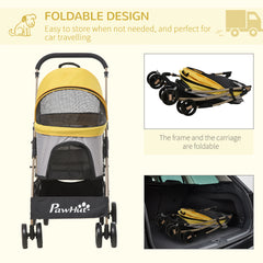 PawHut Detachable Pet Stroller with Rain Cover, 3 In 1 Cat Dog Pushchair, Foldable Carrying Bag w/ Universal Wheels, Brake, Canopy, Basket, Storage Bag for Small and Tiny Dogs - Yellow