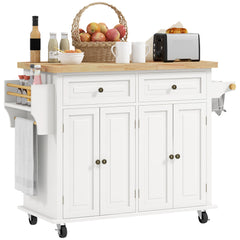 HOMCOM Rolling Kitchen Island Storage Trolley with Rubber Wood Top & Drawers for Dining Room, Cream White