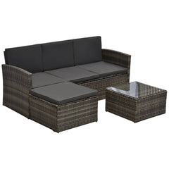 Outsunny 3 Pieces Outdoor PE Rattan Corner Sofa Set with Thick Cushions, Patio Rattan Garden Furniture with Glass Top Coffee Table and Footstool, Grey