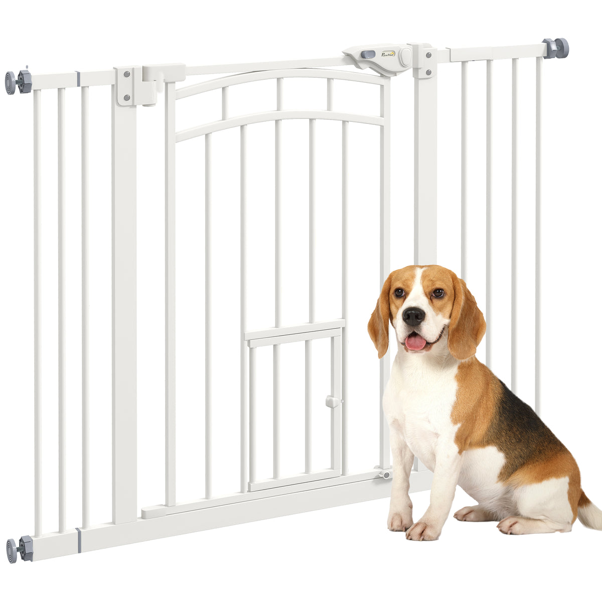 بوابة PawHut Pressure Fit Stair Dog Gate مع باب للقطط الصغيرة، باب يغلق تلقائيًا، قفل مزدوج، للفتحات من 74 إلى 100 سم - أبيض