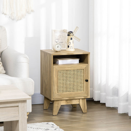 HOMCOM Narrow Rattan Nightstand, Side End Table with Shelf and Cupboard, 39cm x 35cm x 60cm, Natural