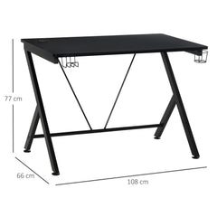 HOMCOM Gaming Desk, 108 x 66cm Computer Table Metal Frame with Cup Holder, Headphone Hook, Cable Hole, for Small Spaces, Black