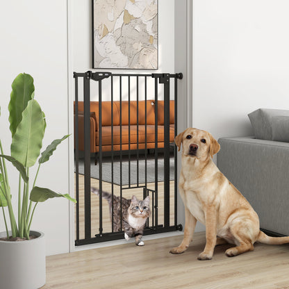 بوابة PawHut Extra Tall Pet Gate، بوابة أمان للكلاب في الأماكن المغلقة، مع فتحة للقطط، إغلاق تلقائي، عرض 74-80 سم - أسود