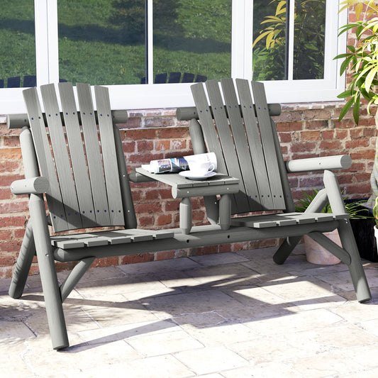 Outsunny Wood Patio Chair Bench 2 Seats w/ Centre Coffee Table, Garden Bench, Grey