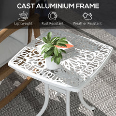 Outsunny Cast Aluminium Bistro Table, Outdoor Square Side Table with Umbrella Hole, Garden Table for Balcony, White