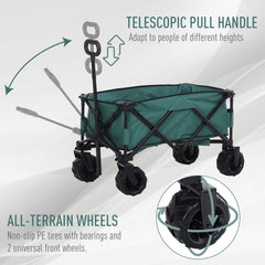 Outsunny Outdoor Folding Garden Trolley on Wheels, Pull Along Camping Cart, Cargo Wagon Trailer with Telescopic Handle, Big Wheels for Beach Garden, Green