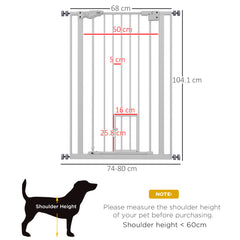 بوابة PawHut Extra Tall Pet Gate، بوابة أمان للكلاب في الأماكن المغلقة، مع فتحة للقطط، إغلاق تلقائي، عرض 74-80 سم - أبيض