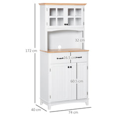 HOMCOM Freestanding Kitchen Cupboard, Kitchen Storage Cabinet with Framed Glass Doors, 2 Drawers, Microwave Counter, White