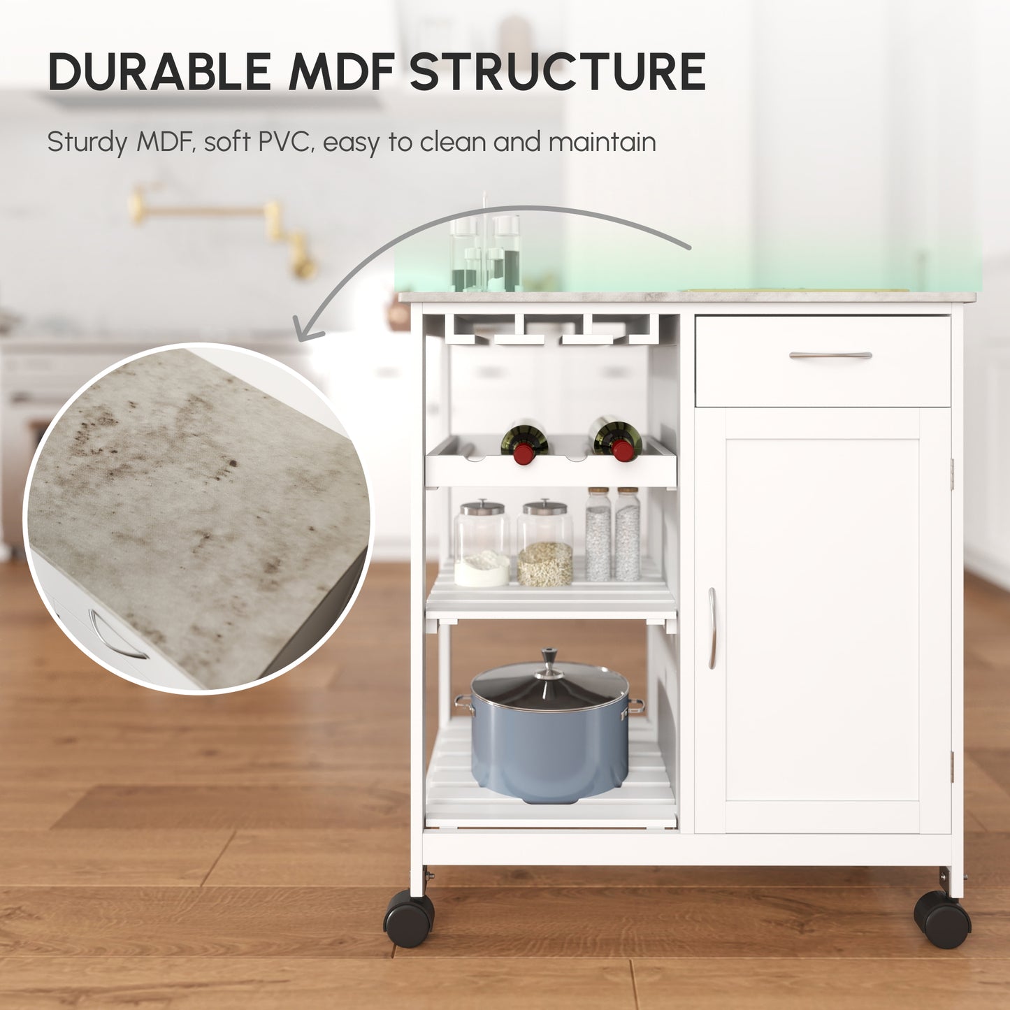 HOMCOM Compact Kitchen Trolley Utility Cart on Wheels with Wine Rack, Drawer, Open Shelf and Storage Cabinet for Dining Room, White