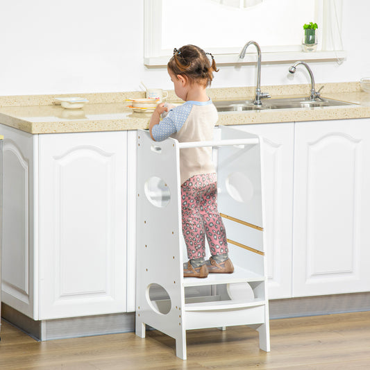 HOMCOM Toddler Step Stool Kids Adjustable Standing Tower with Safety Rail for Kitchen Counter White