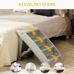 PawHut Foldable Four-Step Pet Stairs, for Cats, Small Miniature Dogs, with Non-Slip Mats 62 x 38 x 49.5cm - Grey