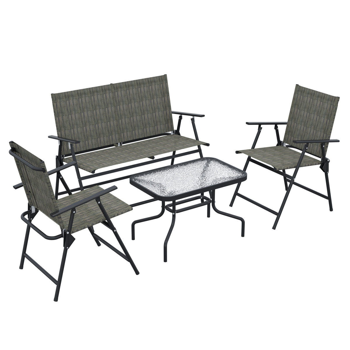 Outsunny Outdoor√Ç 4 Pieces Patio Furniture Set with Breathable Mesh Fabric√Ç Seat & Backrest,√Ç Garden Set with Two Foldable Armchairs, a Loveseat &√Ç Glass√Ç Top√Ç Table, Mixed Brown