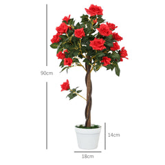 Outsunny Set of 2 Artificial Plants White Rose Floral in Pot, Fake Plants for Home Indoor Outdoor Decor, 90cm, Red