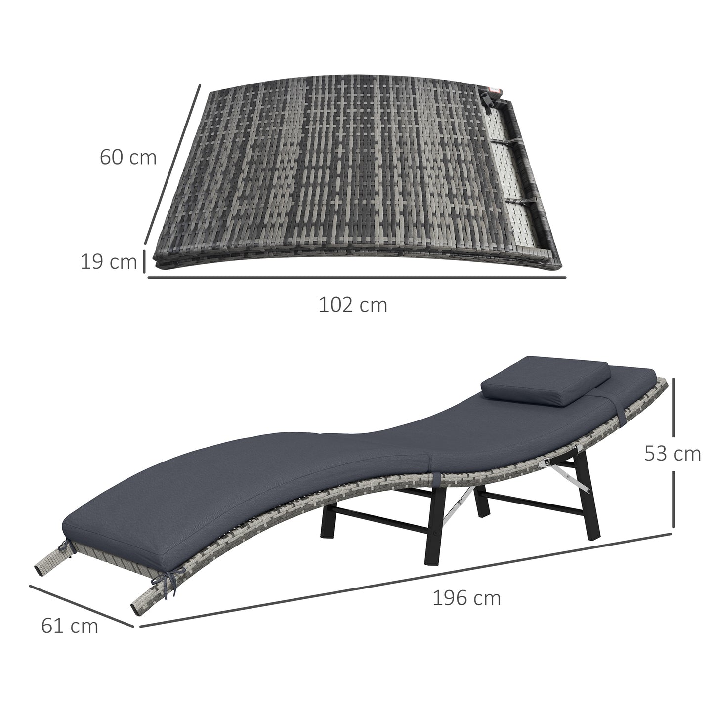 Outsunny Rattan Folding Sun Lounger Outdoor Chair with Cushion and Pillow Grey