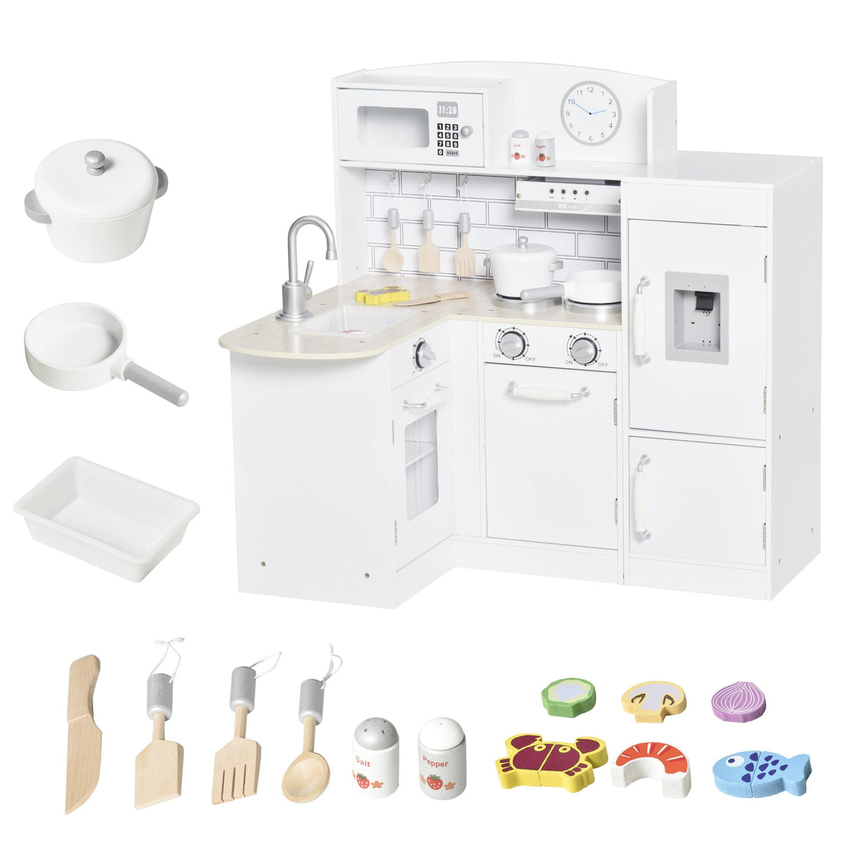 HOMCOM Kids Play Kitchen Wooden Toy Kitchen Cooking Set for Children with Drinking Fountain, Microwave, and Fridge White