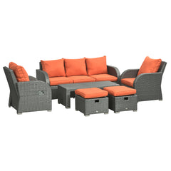 Outsunny Six-piece Outdoor Rattan Dining Set, with Reclining Armchairs - Orange