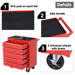 DURHAND 5-Drawer Lockable Tool Storage Cabinet with Wheels, Handle, 2 Keys, Steel Home Work DIY Workshop Chest, Garage Equipment Trolley, Red