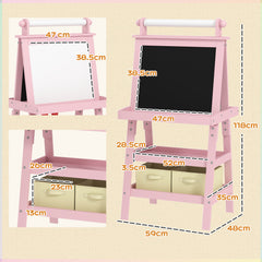 AIYAPLAY 3 in 1 Kids Easel Double-Sided Magnetic Whiteboard and Chalkboard with Paper Roll, Storage Baskets - Pink